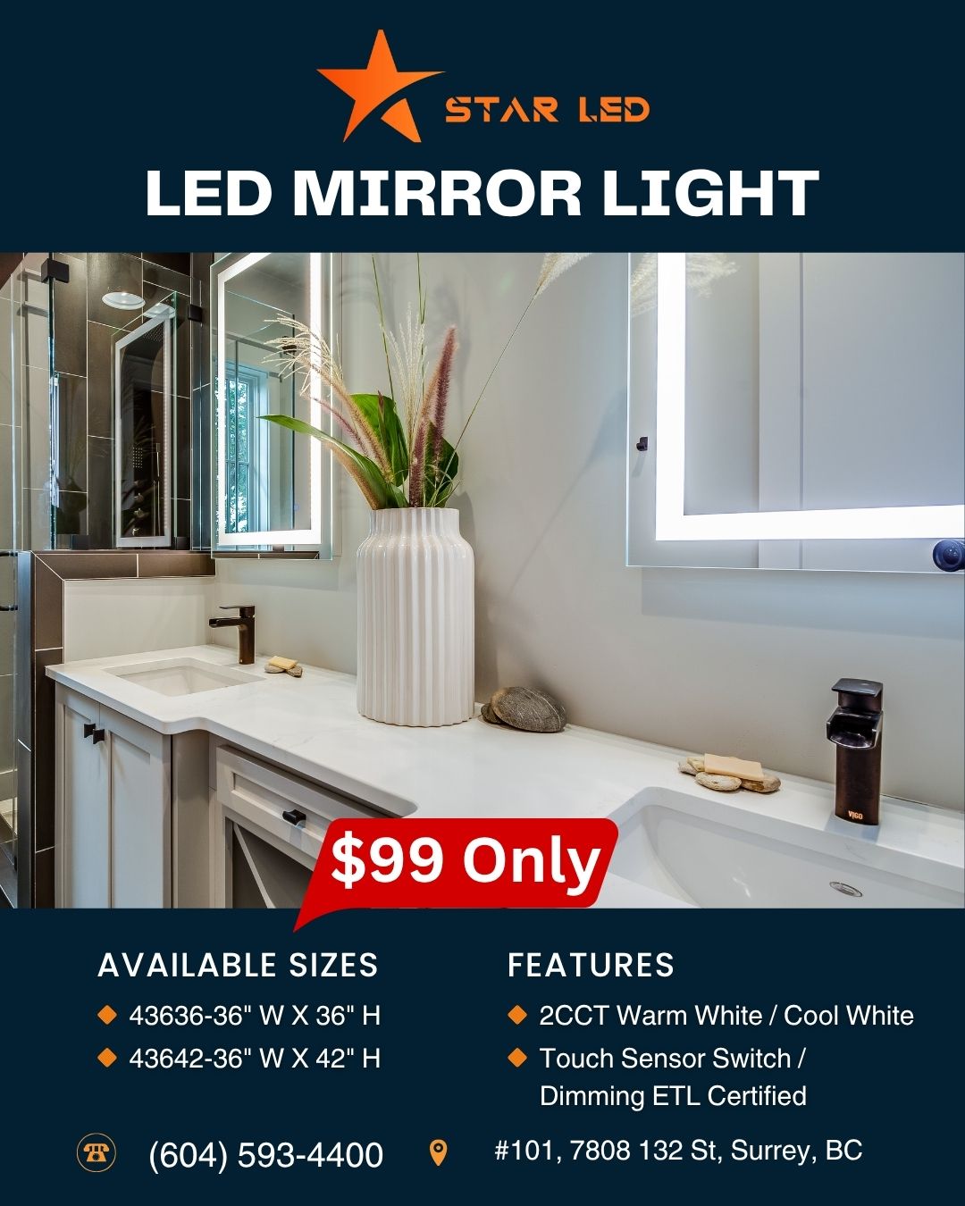 W36" X H42" LED Mirror 3CCT Edgelit